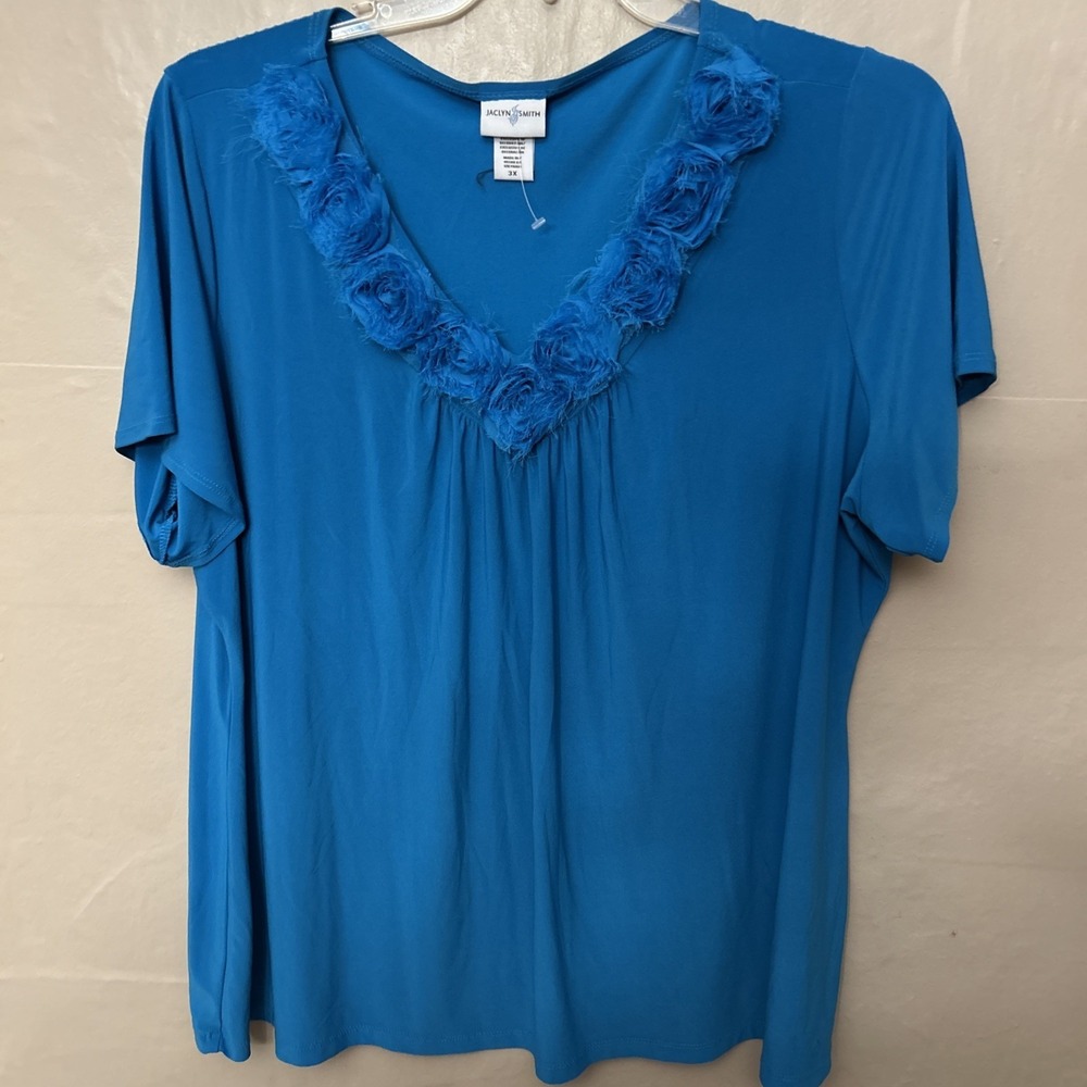 Lot 2 Women's 3X‎ Blue Short Sleeve Knit Tops With Rosebud Neckline